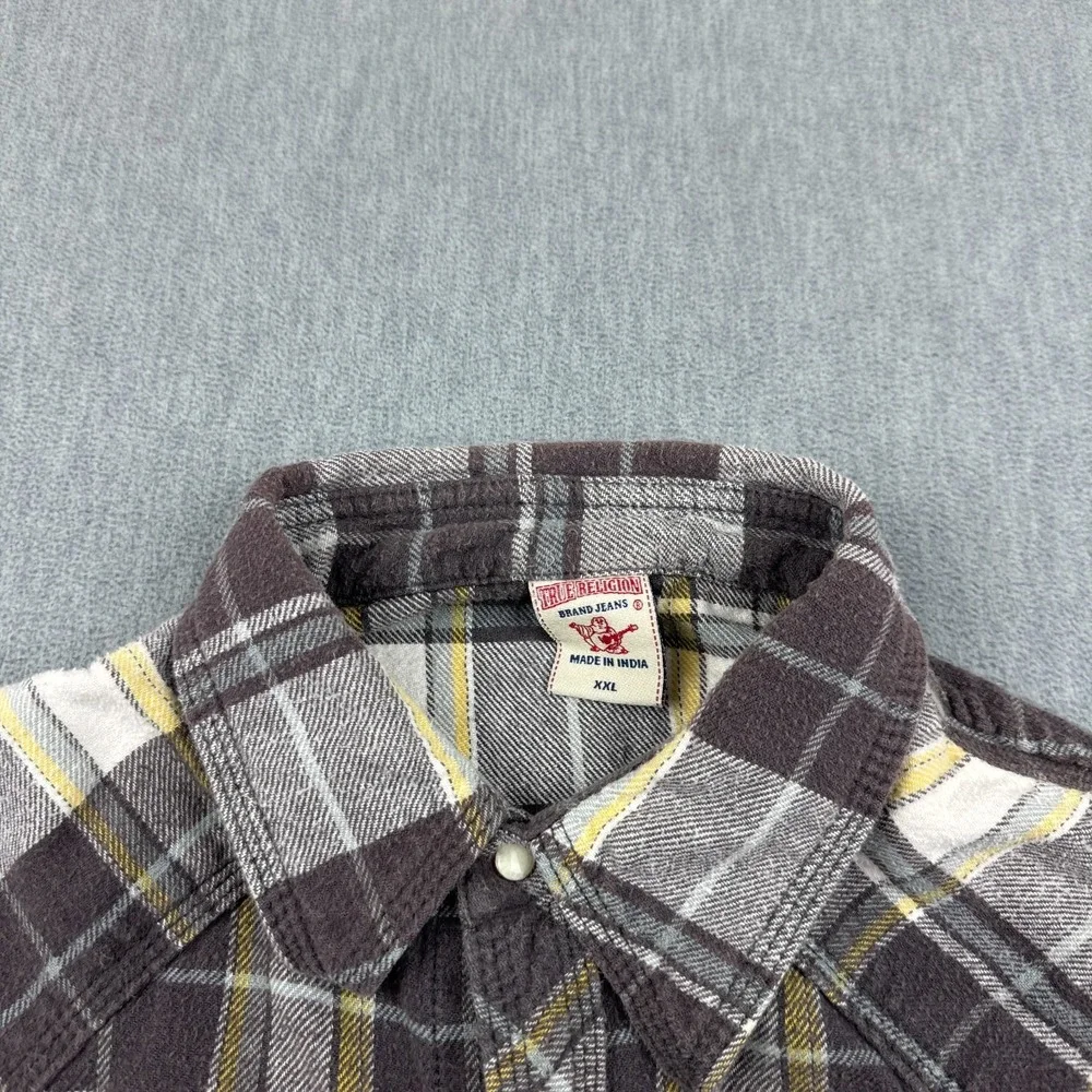 True Religion Shirt‎ Men 2XL XXL Brown Plaid Snap Button Up Flannel Long Sleeve